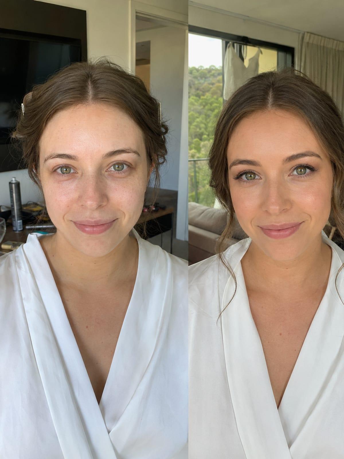 Bride with glowing natural wedding makeup in soft afternoon light