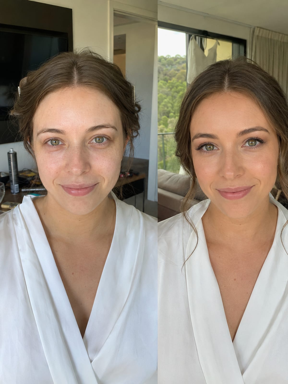 Bride with glowing natural wedding makeup in soft afternoon light